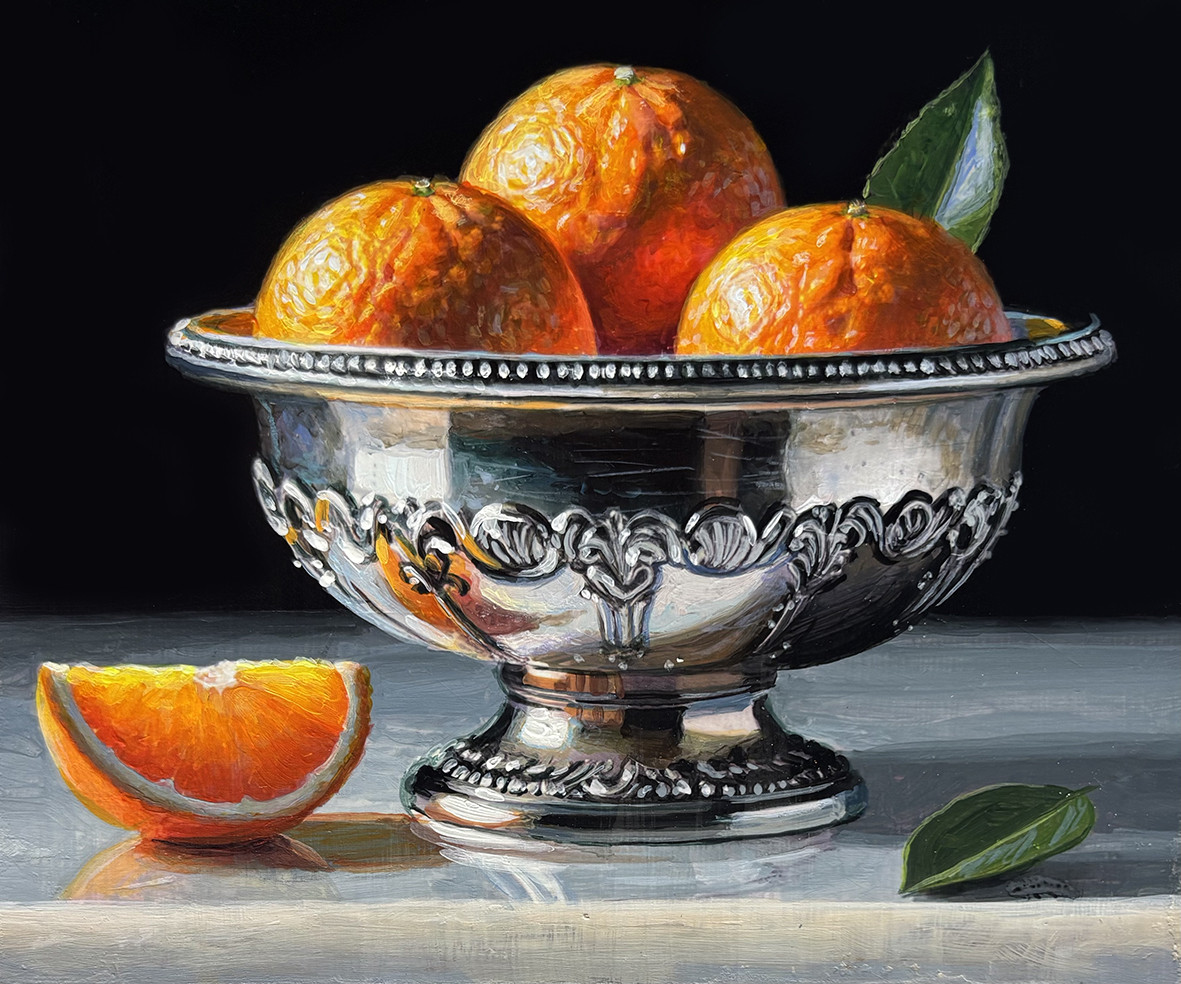 Tony Owens Oranges and Quarter Orange with Ornate Silver Bowl unframed ONR0081