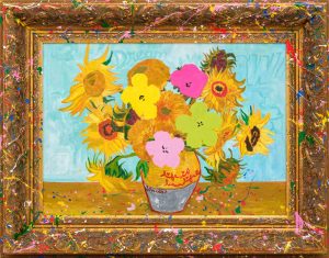Mr Brainwash Sunflowers Reimagined Van Gogh mixed media original on canvas with museum frame