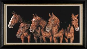 Five chestnut horses against a black background
