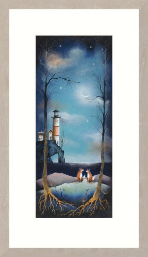 Gary Walton I Found You. Two foxes facing a lighthouse