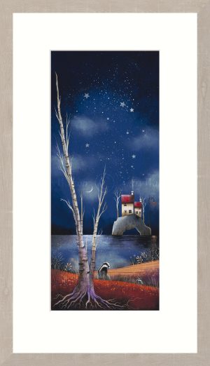 Gary Walton Hide & Seek. Badger and pup in front of a night sky with water