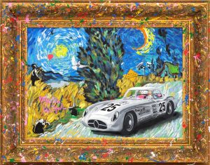Mr Brainwash Fueled by Starry Nights Van Gogh mixed media original on canvas with museum frame. Mercedes 1955 300SLR Uhlenhaut Coupe