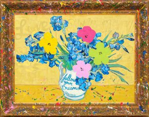 Mr Brainwash Irises Rewritten Van Gogh mixed media original on canvas with museum frame
