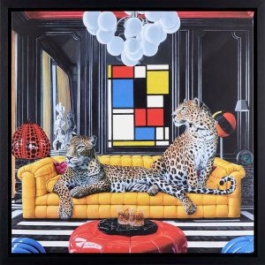 Steve Tandy The Art Critics leopards on yellow sofa