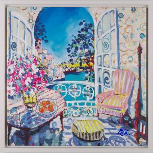 Michael Rumsby Tuesday Morning. Chair and flowers on table with balcony overlooking the sea