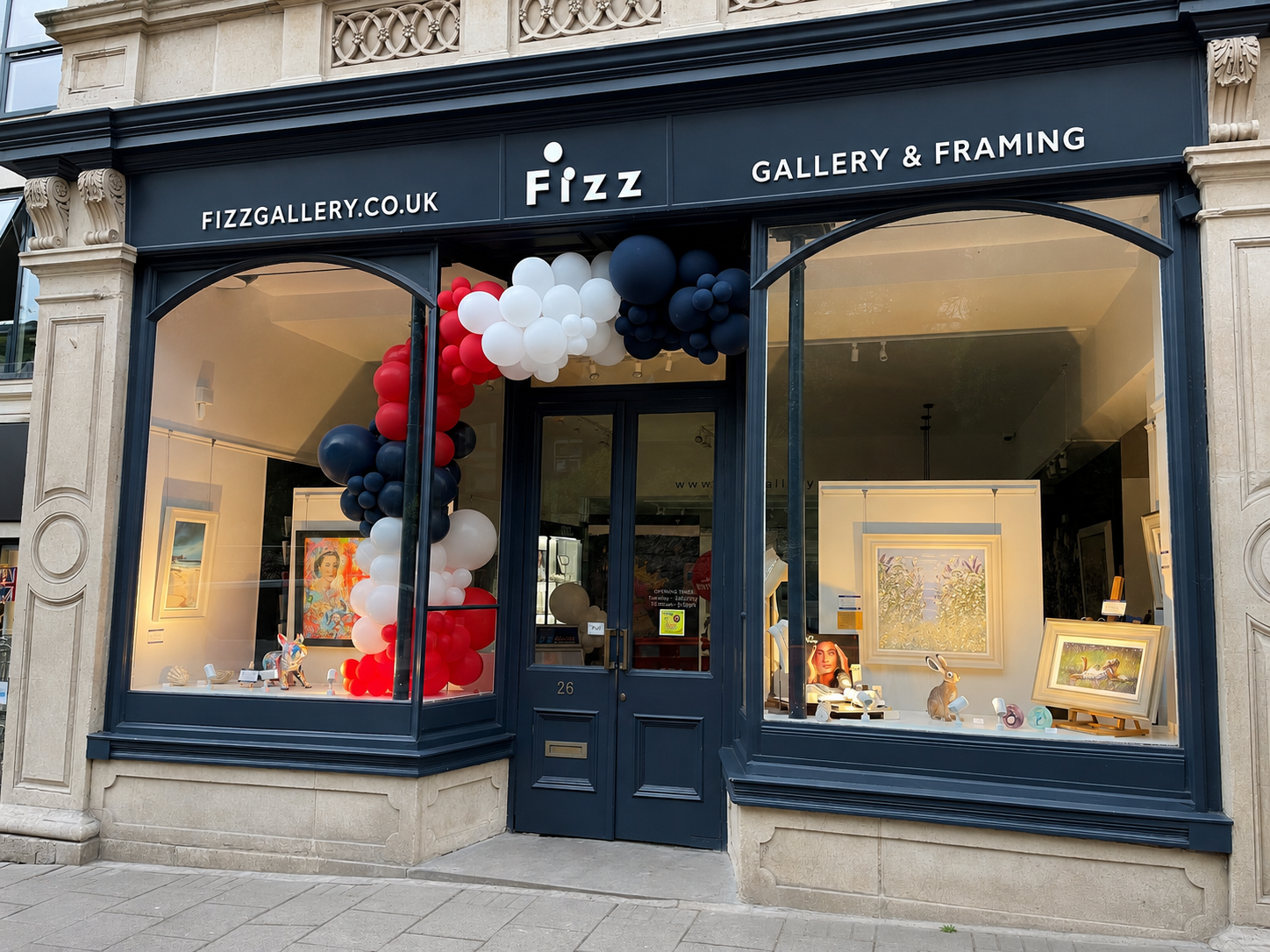 Gallery front red white blue balloons