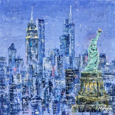 She still holds a torch for me. A painting by Mark Curryer of the New York skyline at night with the statue of Liberty front right.
