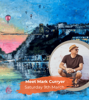 Image of Mark Curryer in a circle on top of his painting Bridges and Balloons Bristol