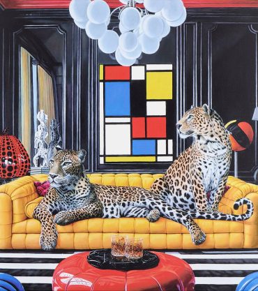 Steve Tandy The Art Critics leopards on yellow sofa