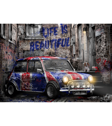 original syle mini car painted in Union Jack colours with Life is Beautiful written in graffiti style.